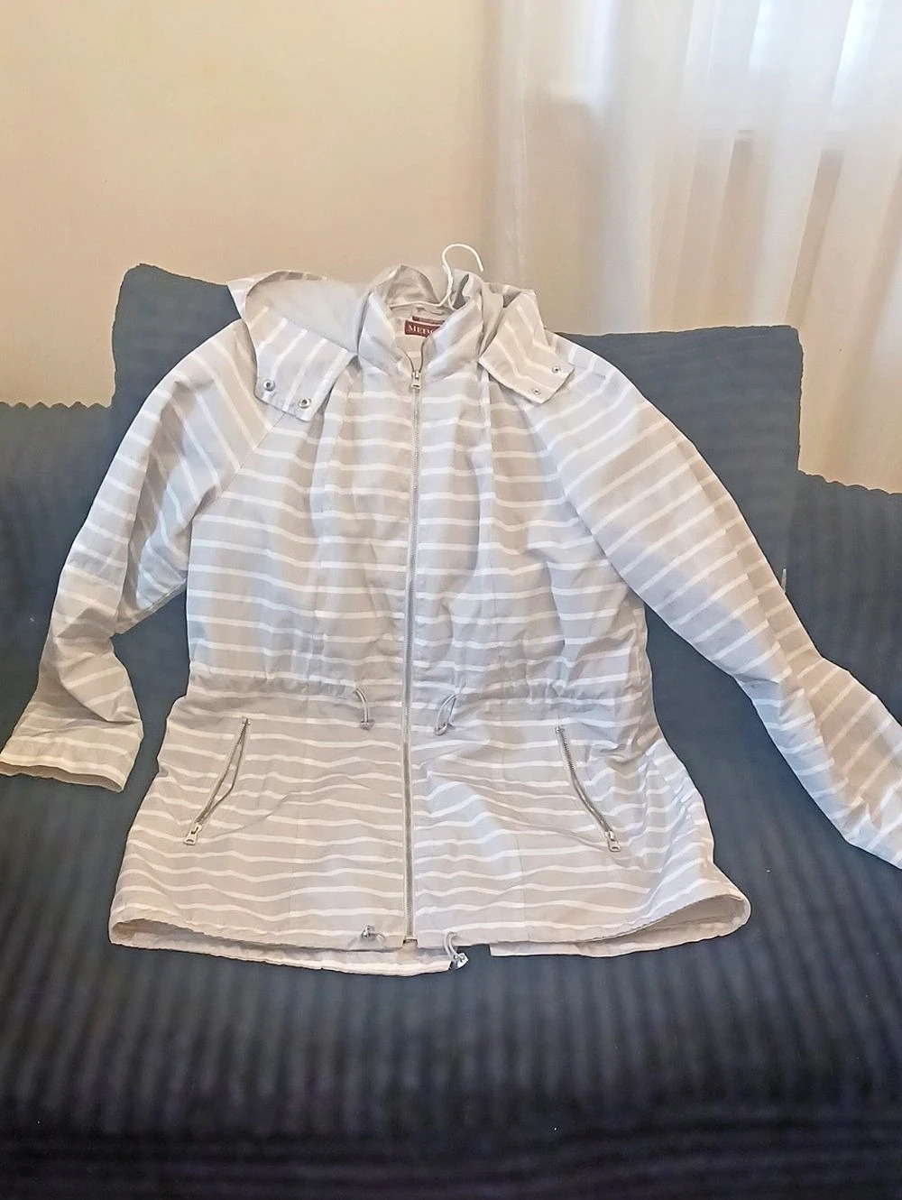 Merona Striped Hooded Rain Jacket in Gray & White Like New